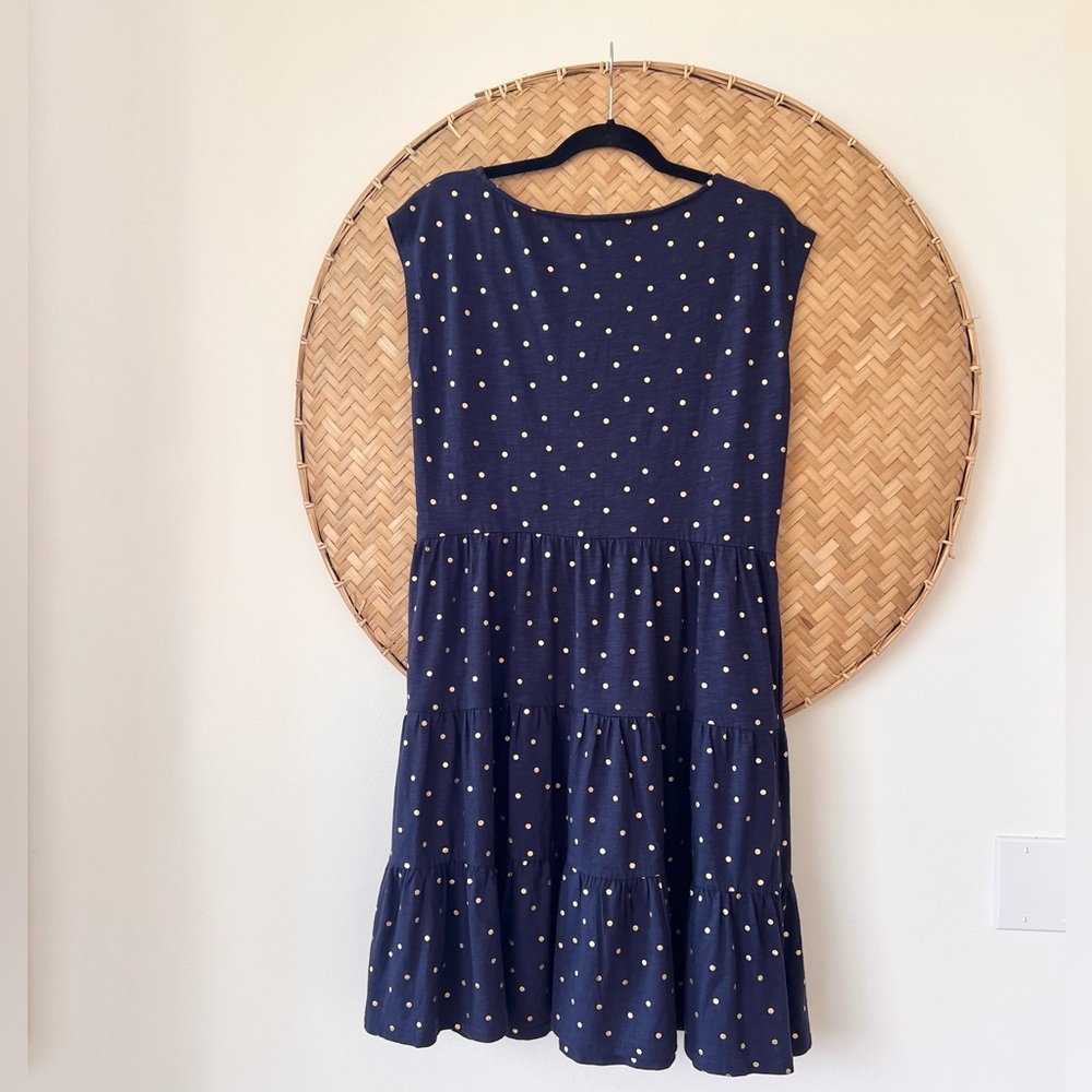 STYLISH BODEN ROMAINE SLEEVELESS DRESS BLUE W/ GOLD POLKA DOTS TIERED SKIRT EUC - Picture 10 of 15
